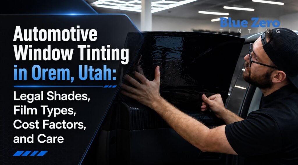 Technician applying automotive window tint film to a vehicle window in Orem, Utah